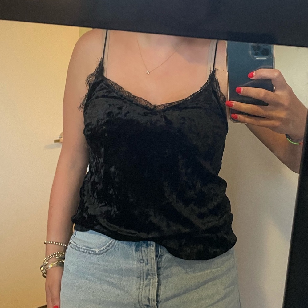 Crushed velvet camisoule with lace detailing